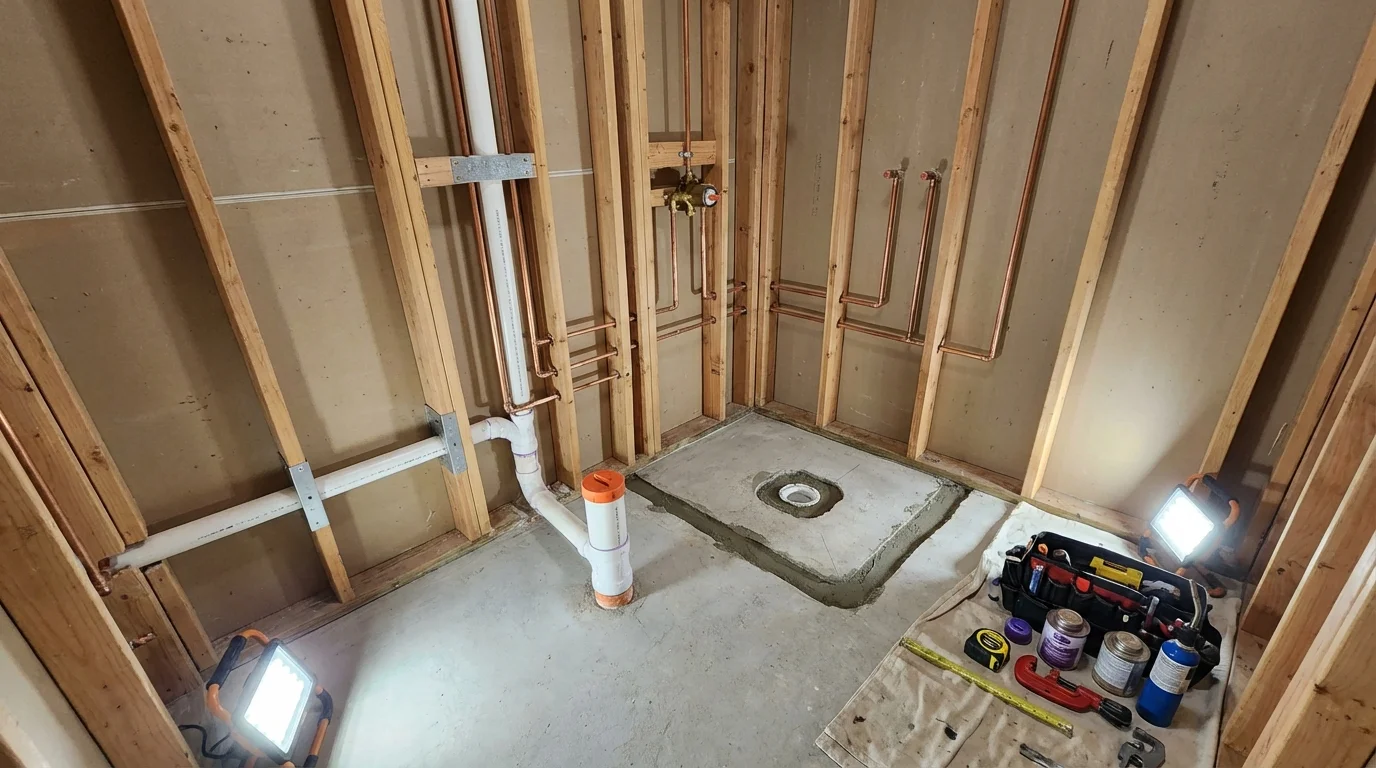 Bathroom rough-in plumbing during remodel by Johns Plumbing LLC in Mount Sinai