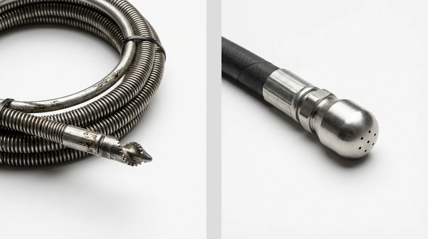 Drain snake cable and hydro jetting nozzle used for drain cleaning in Mount Sinai, NY