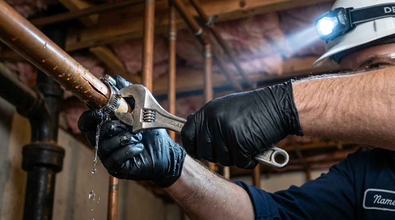 Emergency pipe clamp repair being performed by a Johns Plumbing LLC plumber in Mount Sinai