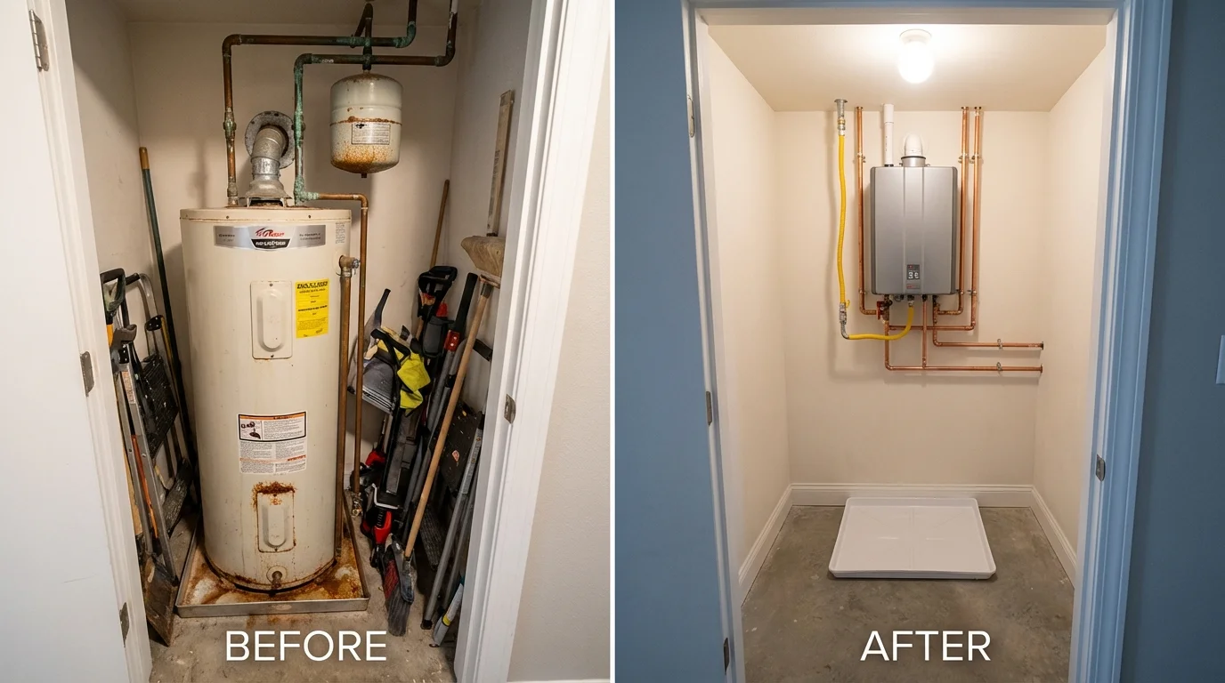 Tank water heater versus wall-mounted tankless unit comparison for Mount Sinai, NY homeowners