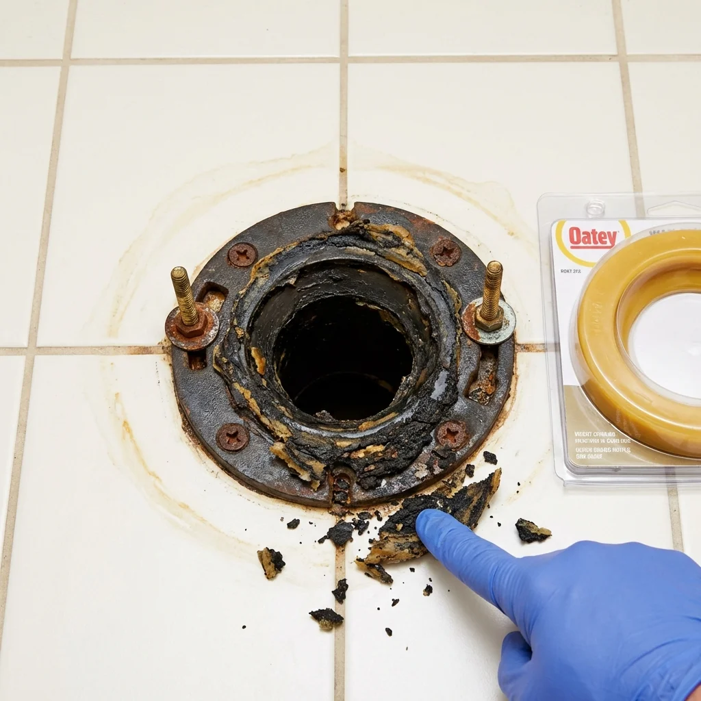 Failed wax ring showing water seepage at the base of a toilet in a Mount Sinai, NY home