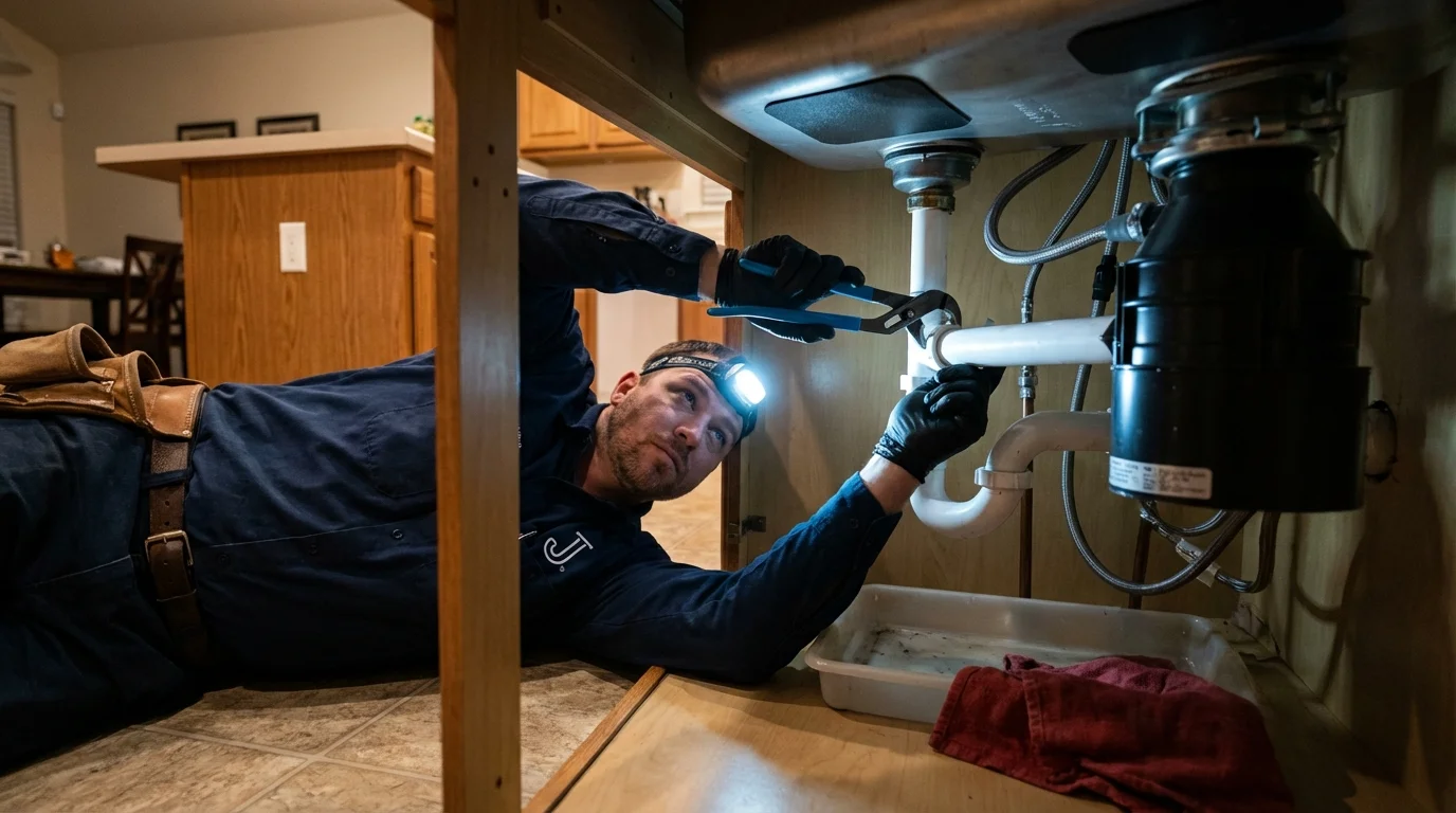 P-trap and supply line connections under a kitchen sink showing a common leak point in Mount Sinai, NY